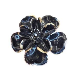 Vintage Black and Gold Enamel Flower Brooch, 3" Diam